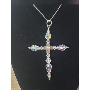IRIDESCENT CRYSTAL BEADED CROSS Necklace Religious Jewelry